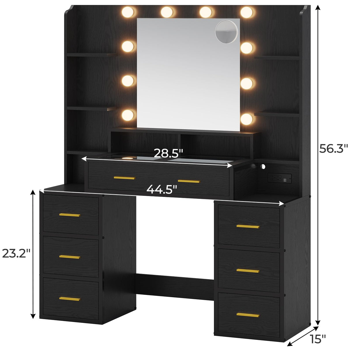 BTHFST Vanity Desk with Lights, Mirror, Charging Station - Black Wood Grain BTHFST