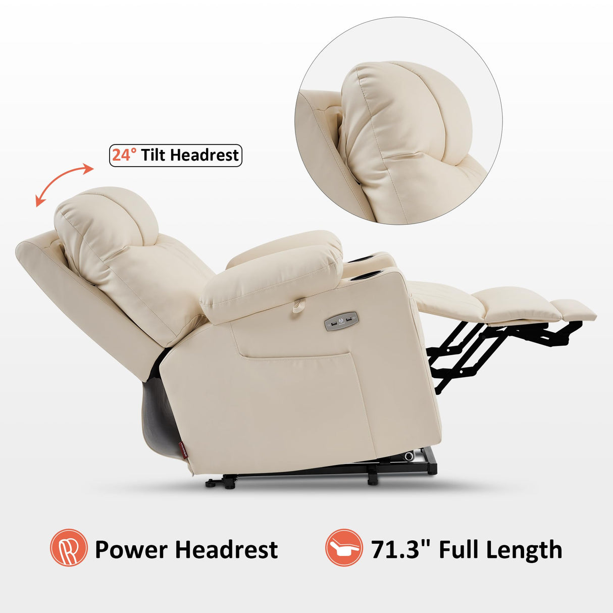 MCombo Small Size Power Lift Recliner Chair Sofa with Massage and Dual Heating, Adjustable Headrest for Elderly People Petite, USB Ports, Extended Footrest, Faux Leather 7111 (Cream White) MCombo