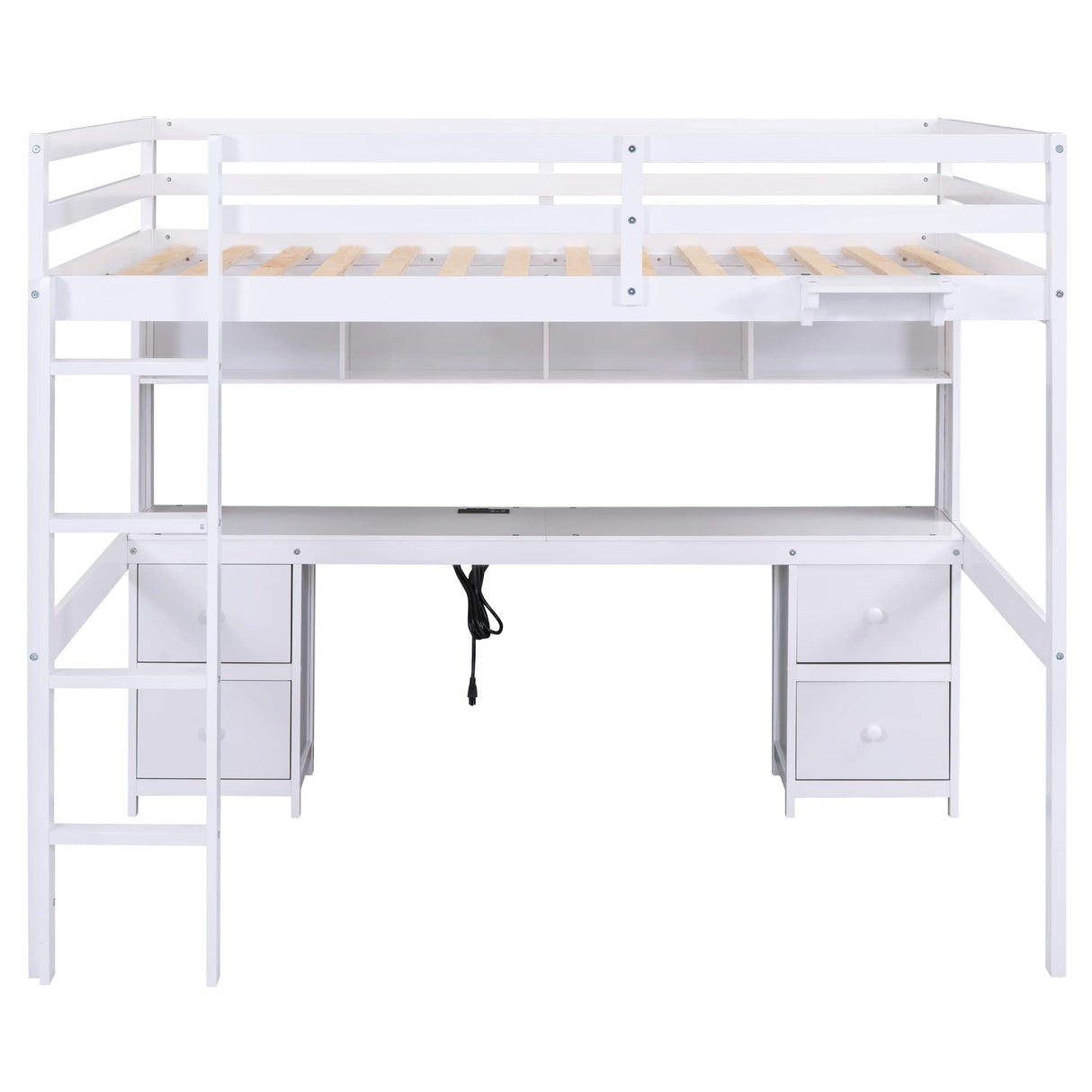 Merax Full Size White Loft Bed with Desk, Storage Cabinets, and Charging Station Merax
