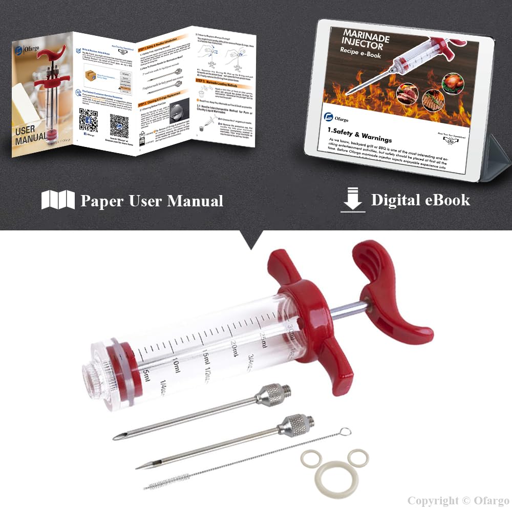 Ofargo Plastic Marinade Injector Syringe with Screw-on Meat Needle for BBQ Grill, 1-oz, Red, Recipe E-Book (Download PDF) Ofargo