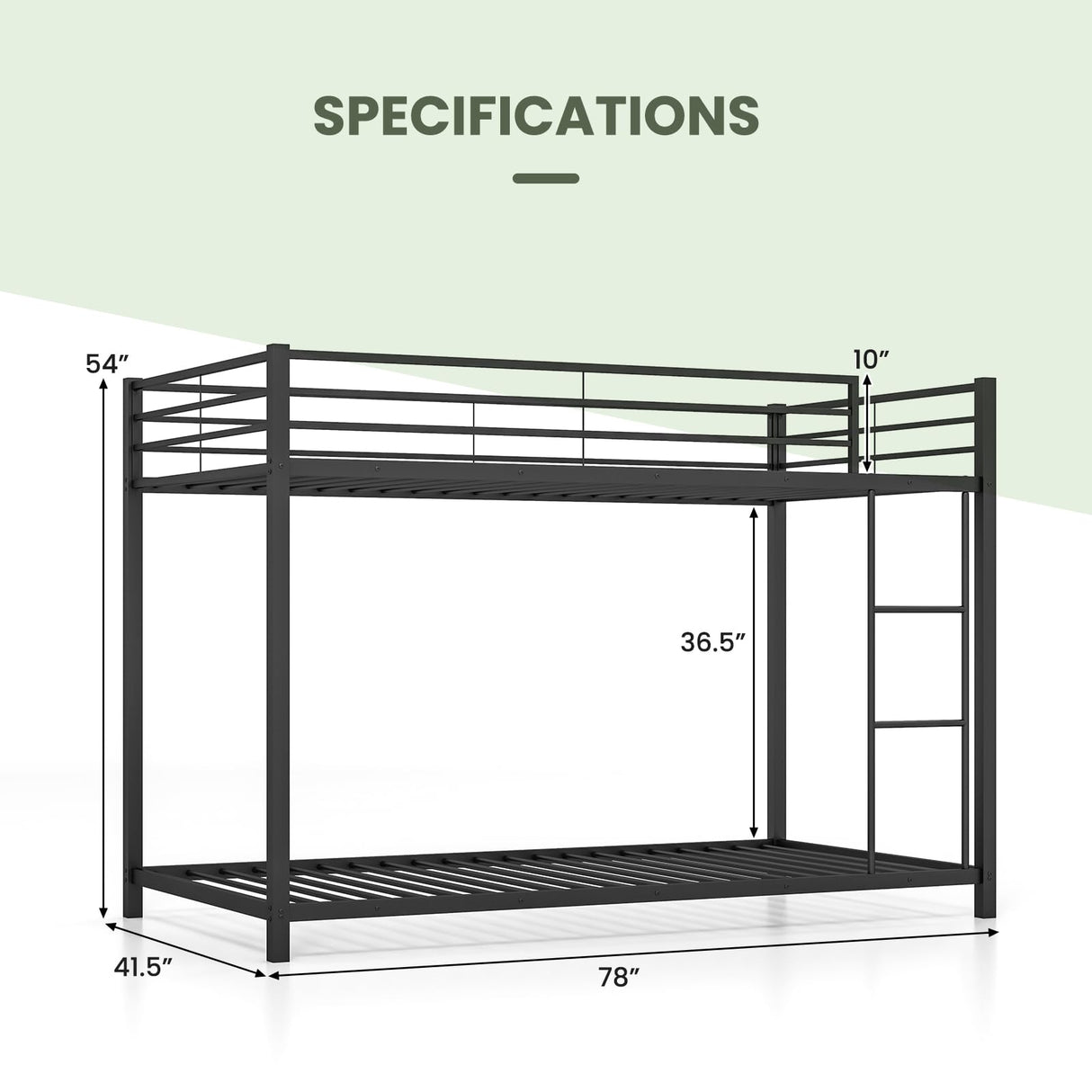 KOMFOTT Metal Low Bunk Bed Twin Over Twin, Heavy Duty Bunk Bed Frame with Ladder & Full-Length Guardrails, Metal Slatted Floor Bed Frame for Teens & Adults, No Box Spring Needed (Black) KOMFOTT