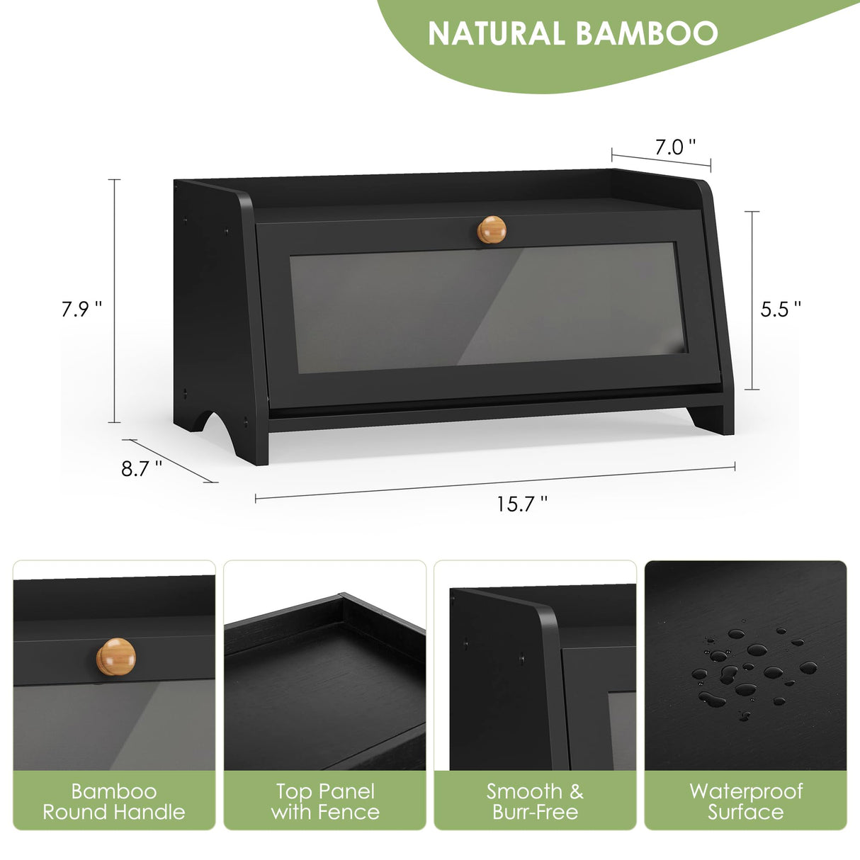 JANSNIMEN Bread Box for Kitchen Countertop, Large Bread Container Storage, Wooden Farmhouse Bread Box with Window Bread Holder (Black) JANSNIMEN