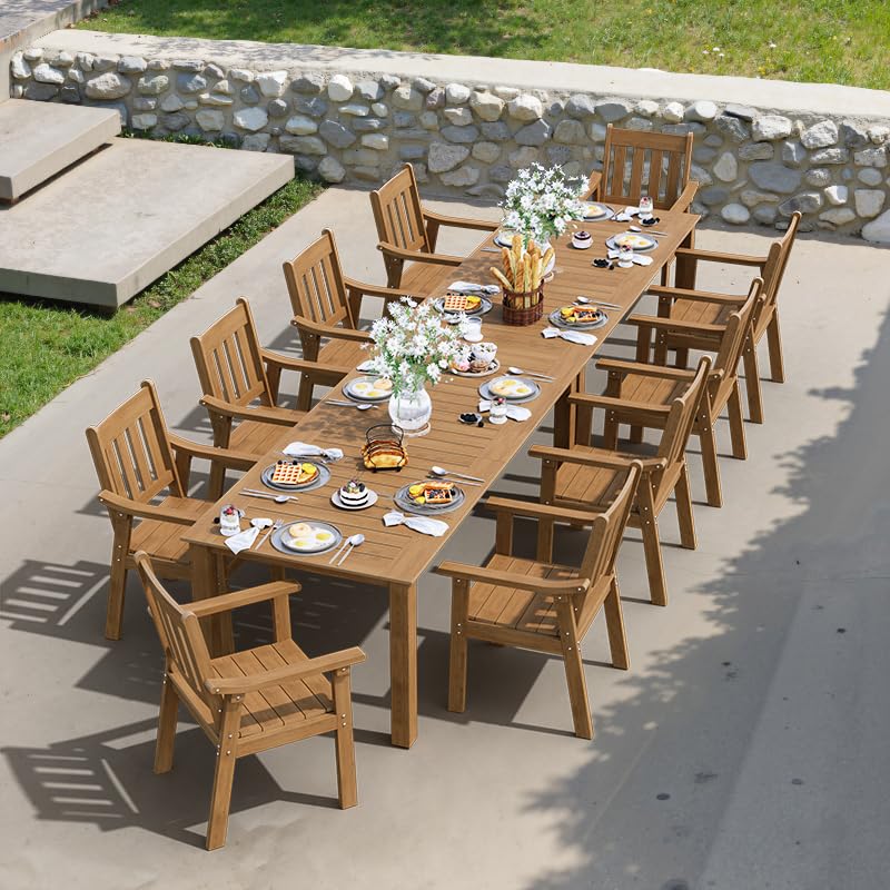 YEFU Outdoor Patio Dining Sets: All Weather 12 Piece Dining Table Set for 10 with Umbrella Hole & Aluminum Frame - Outdoor Furniture Patio 2 Table and 10 Chairs for Outside Backyard/Porch/Deck Teak YEFU