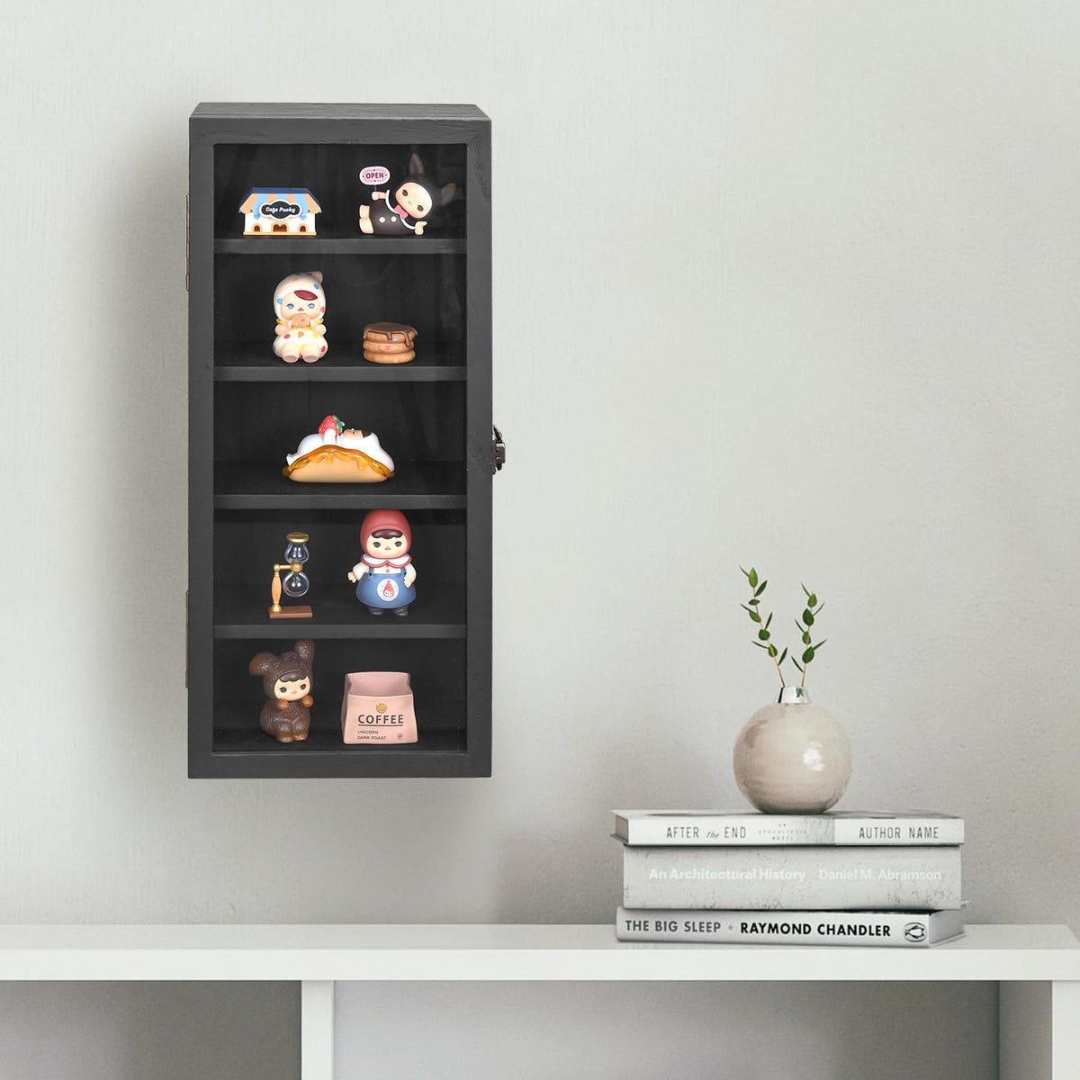 Ikee Design Wall Mounted Wooden Collectible Display Case 5 Shelf Display Storage Accessories with Tempered Glass Door, Black Color Ikee Design