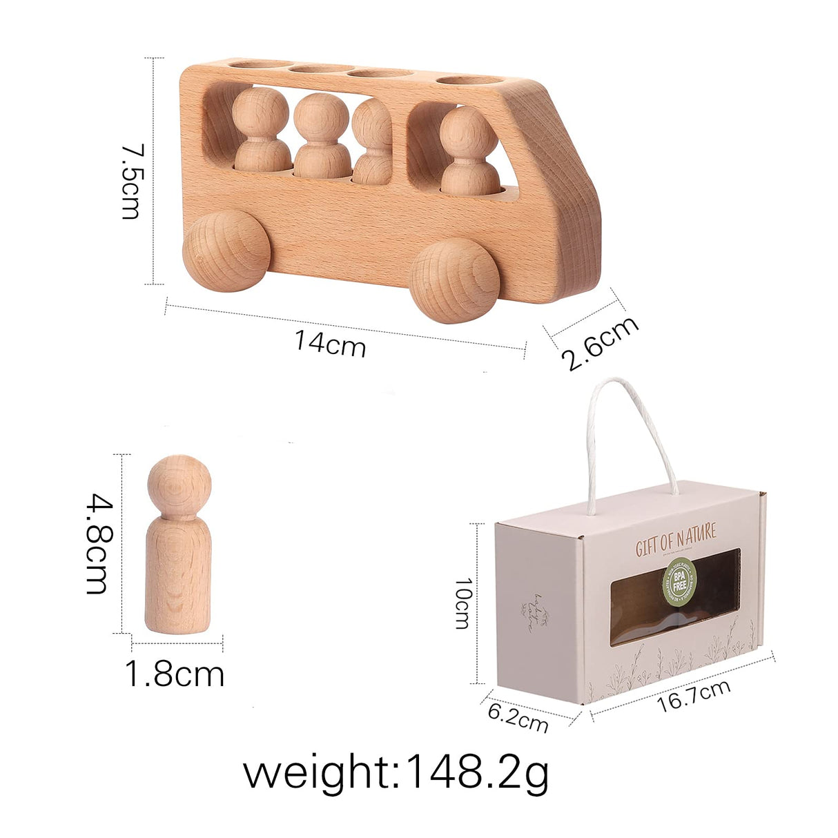 4 Wooden Figures in The Bus - Peg Dolls Unfinished Wooden Peg People Cars Wooden Figures Shape Preschool Learning Educational Toys Montessori Toys for Toddlers WOODEN TEETHER