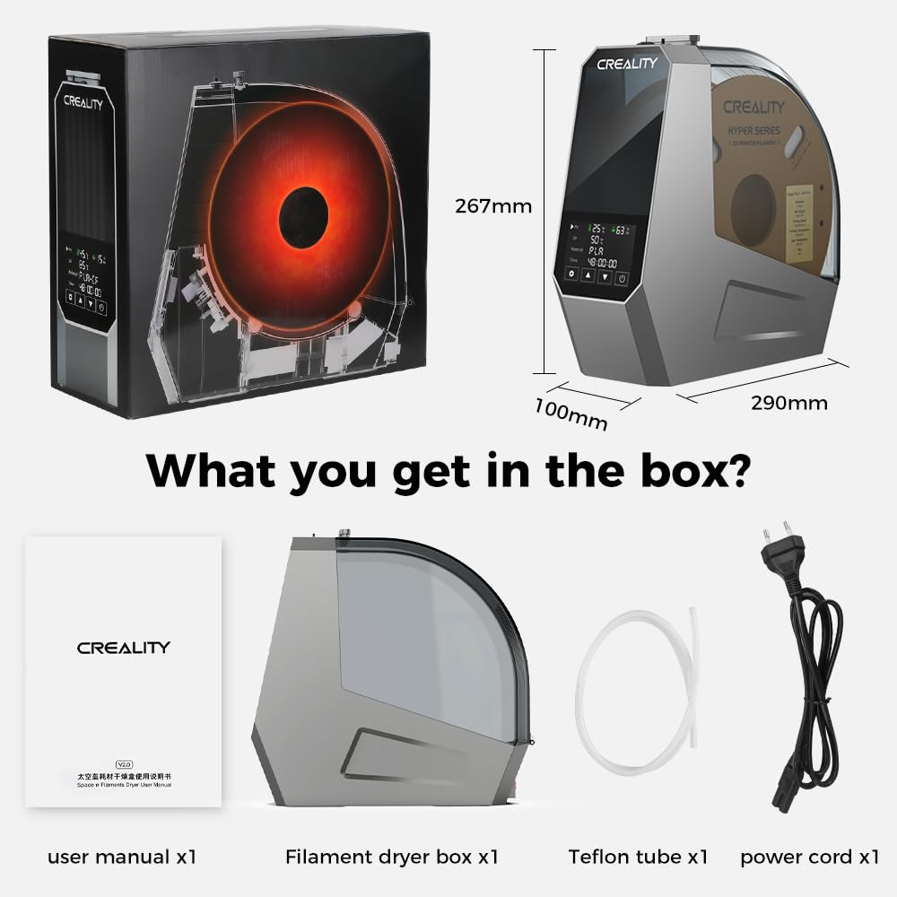 Creality Official Space Pi Filament Dryer, 3D Printer Filament Dryer Box with Built-in Fan Filament Storage Holder Filament Dehydrator for 1KG 1.75/2.85mm One-Key Setting for PLA PETG ABS TPU Nylon Creality