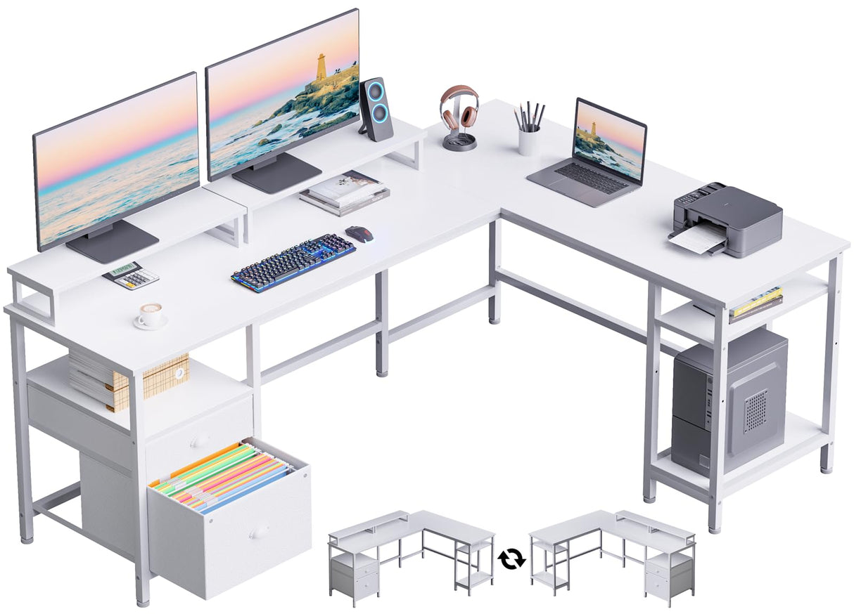 Furologee White 66" L Shaped Desk with Shelves, Reversible Corner Computer Desk with File Drawer & Dual Monitor Stand, Large Home Office Desk Writing Study Gaming Table Workstation Furologee