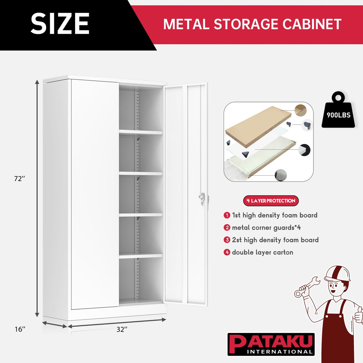 Pataku Garage Storage Cabinet Metal Locking Cabinet 5-Layer with Door Steel Multifunctional Storage Cabinet with 4 Adjustable Shelves, White Tool Cabinet for Home, Office, Warehouse… Pataku