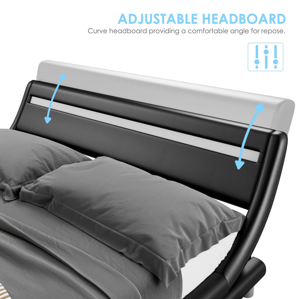 Keyluv Upholstered Queen LED Bed Frame with Headboard, Modern Low Profile Platform Bed with Strong Slats Support, Faux Leather Wave-Like Bed Frame, Easy Assembly, No Box Spring Needed, Black Keyluv