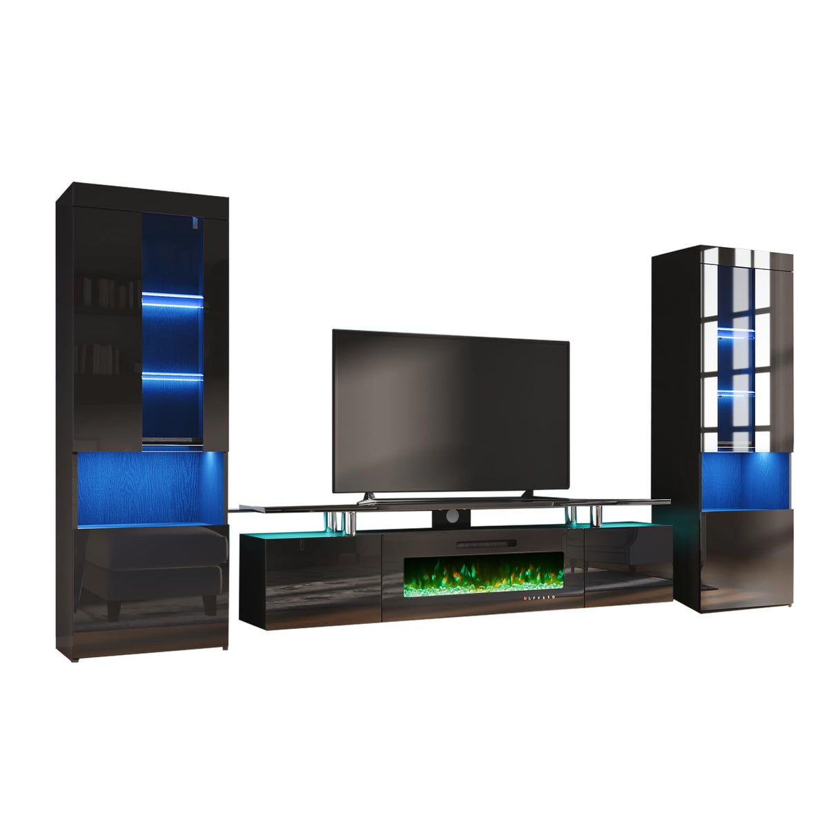 AMERLIFE Entertainment Center with Fireplace and Bookcases, Includes 80" 2-Tier Fireplace TV Stand with 40" Fireplace, 2 x High Gloss Bookshelves with LED Lights & Glass Doors, Obsidian Black AMERLIFE