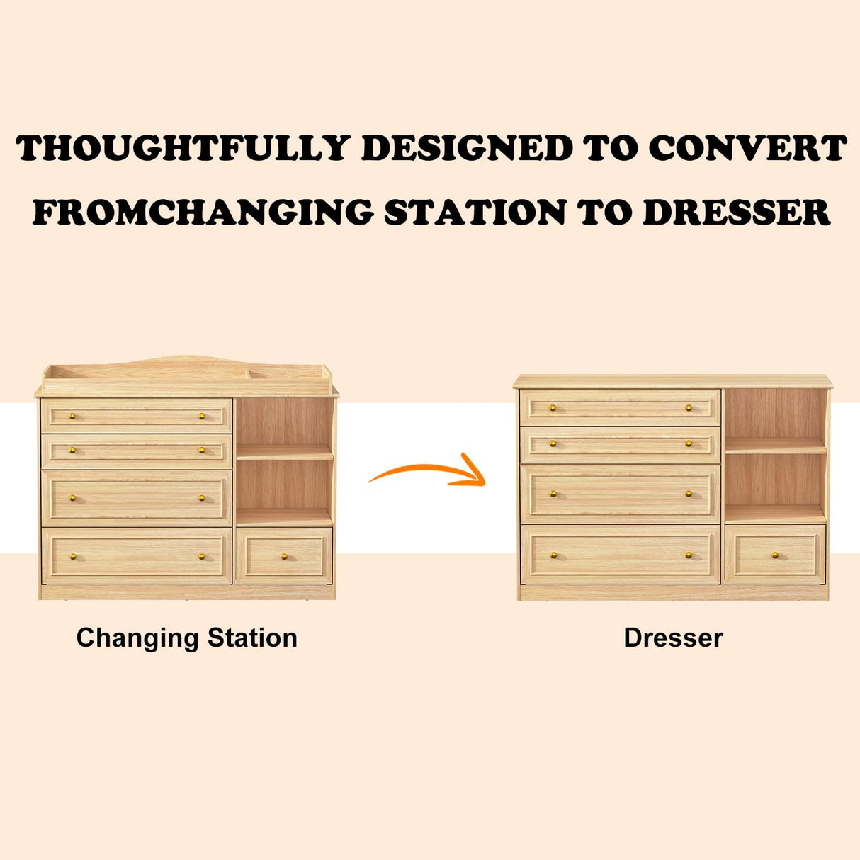 St.Mandyu Wood Changing Table Dresser, Baby Nursery Dresser, Baby Diaper Changing Table, 5 Drawers, Adjustable Shelves, Metal Handle, Curved Wrapping Design, Nature St.Mandyu