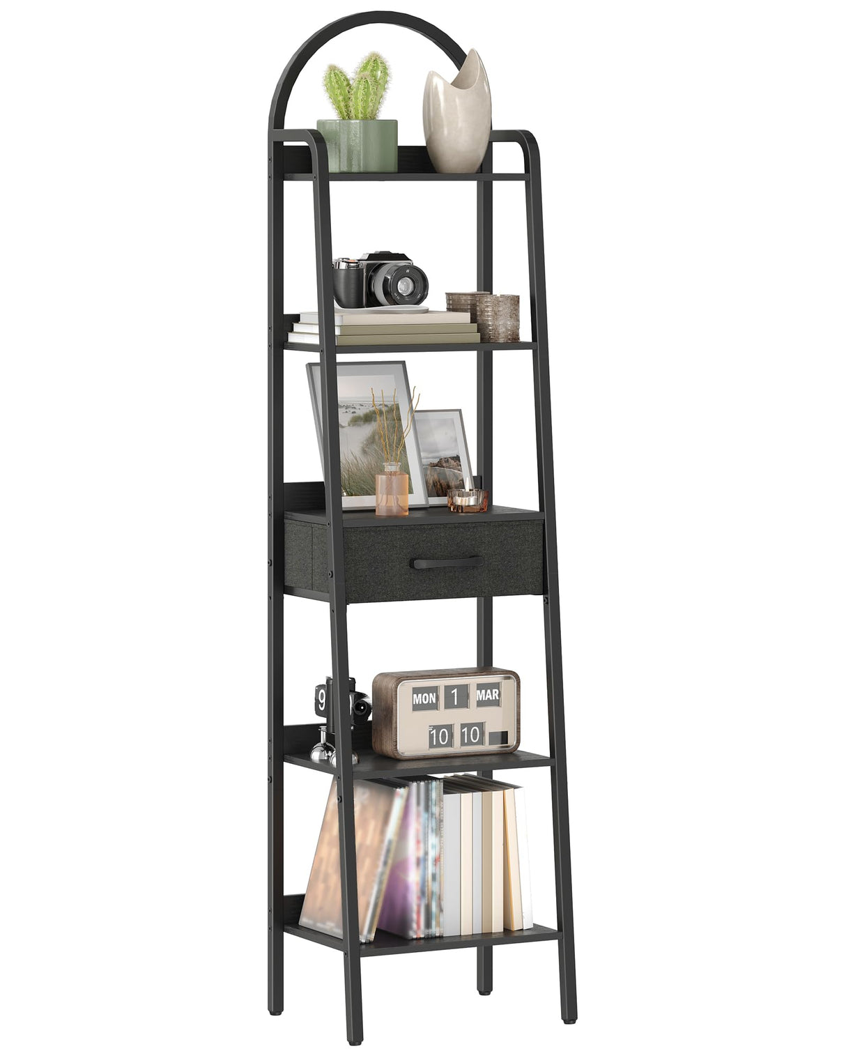 CHOEZON 5 Tier Ladder Shelf with Drawer, Tall Ladder Bookshelf, Standing Bookcase with Metal Frame for Living Room, Bathroom, Home Office, Study, Balcony, Black TCJ07BB