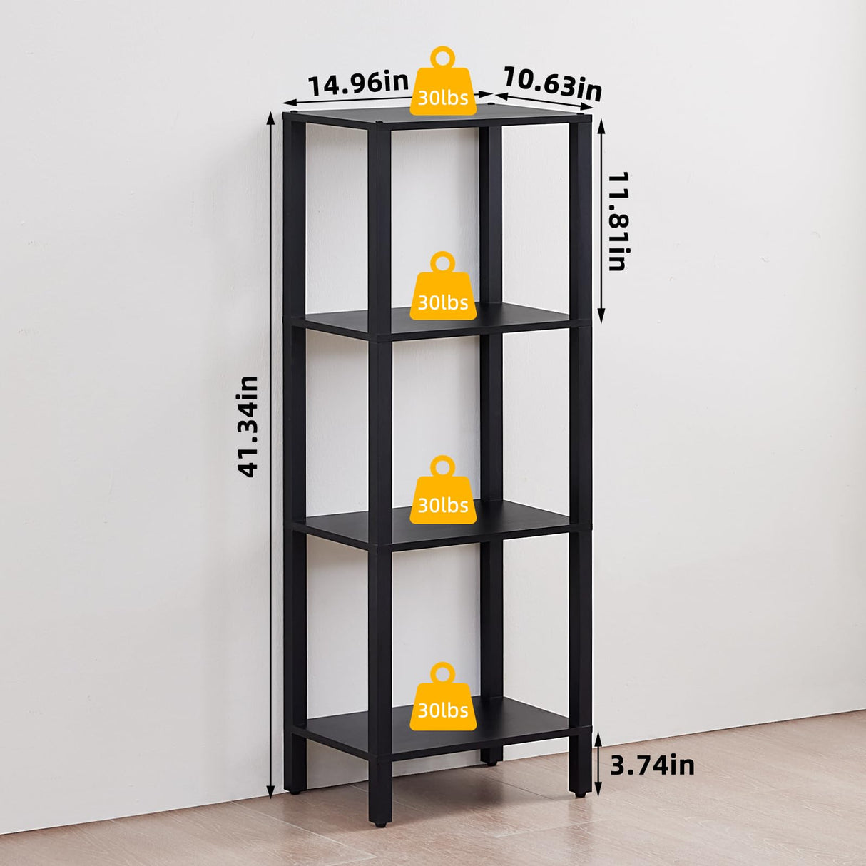 YUFAM 4 Tier Tall Wooden Bookshelf with Storage - Small Bookcase for Small Spaces, Shelf for Living Room, Office, Bedroom, Kitchen - Industrial Modern Black Book Shelf