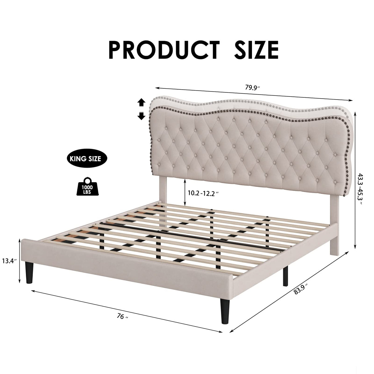 HOSTACK King Size Bed Frame, Linen Fabric Upholstered Platform with Adjustable Headboard, Diamond Tufted Mattress Foundation with Wood Slats, Easy Assembly, No Box Spring Needed, Beige HOSTACK