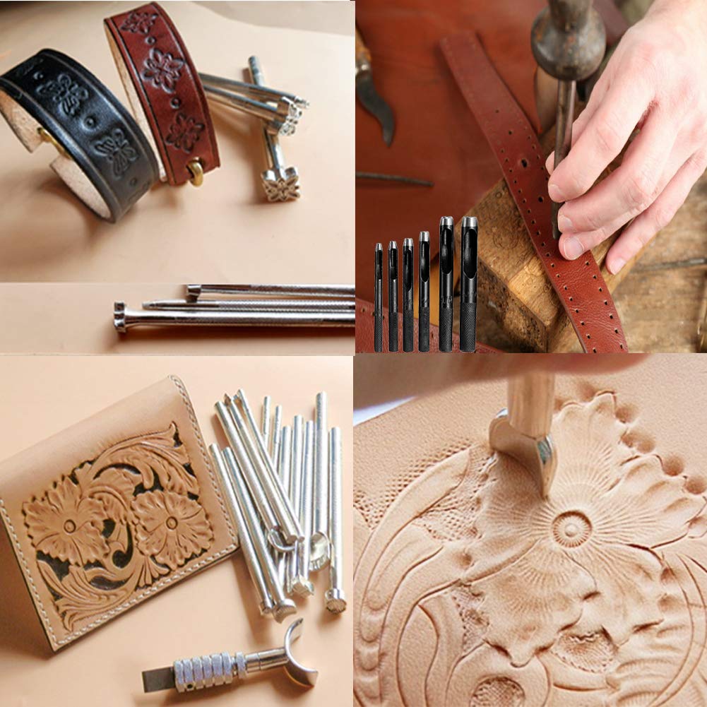 424 Pcs Leather Working Tools Leather Tools and Supplies with Instructions, Sewing Kit, Tool Holder, Wooden Storage Box, Stamping Set JUPEAN