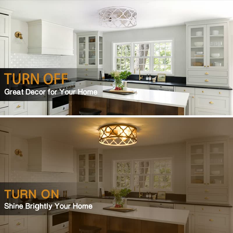 Bargeni Flush Mount Ceiling Light,13-inch Ceiling Light Fixture,3-Light Kitchen Light Fixtures,Rustic Antique White Finish,Farmhouse Light Fixtures for Bedroom,Living Room,Kitchen,Hallway and Foyer Bargeni