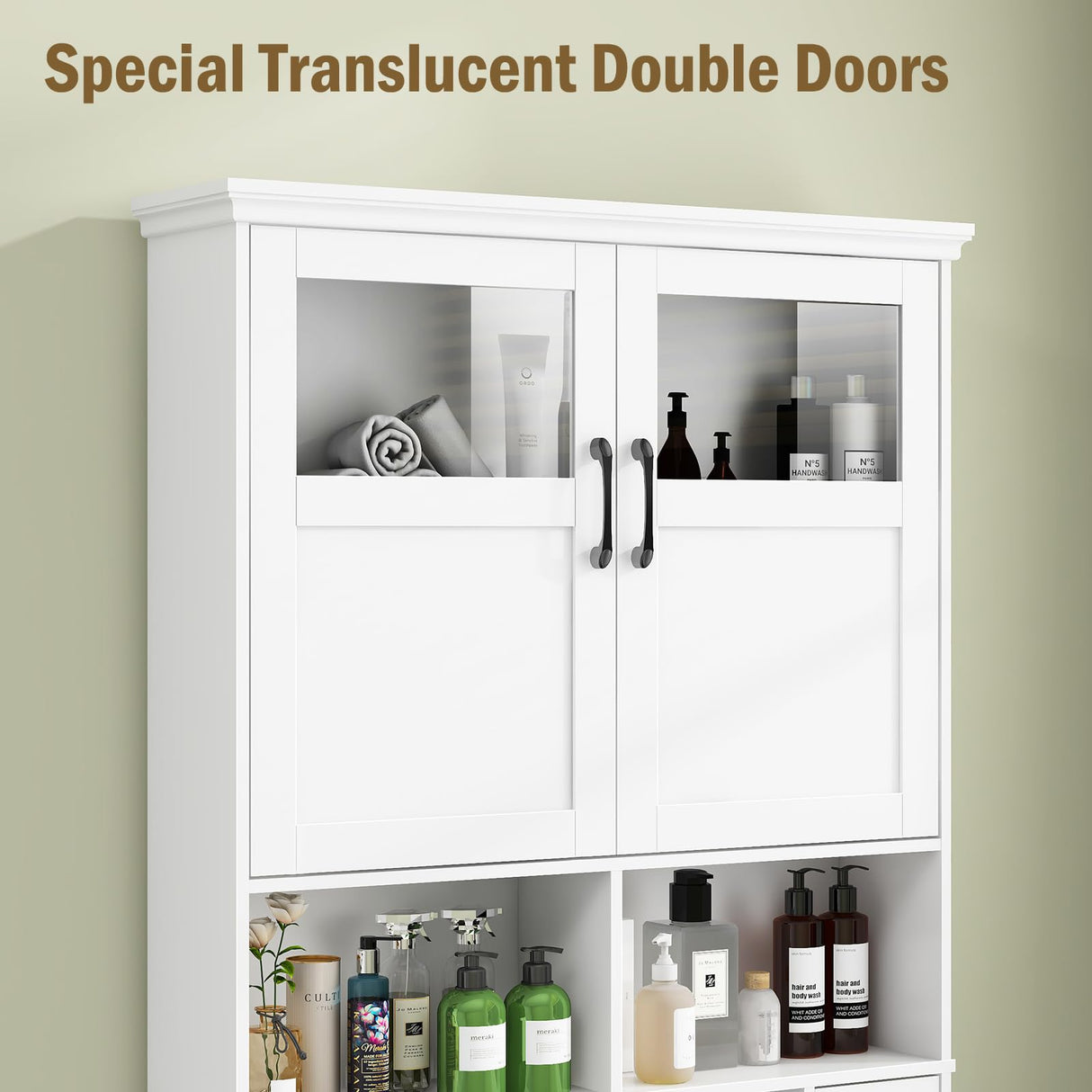 Vabches Over The Toilet Storage Cabinet, Storage Cabinet Over Toilet with Double Doors & Toilet Paper Holder Stand, Freestanding Toilet Shelf Space Saver with Anti-Tip Design & Adjustable Shelf, White Vabches