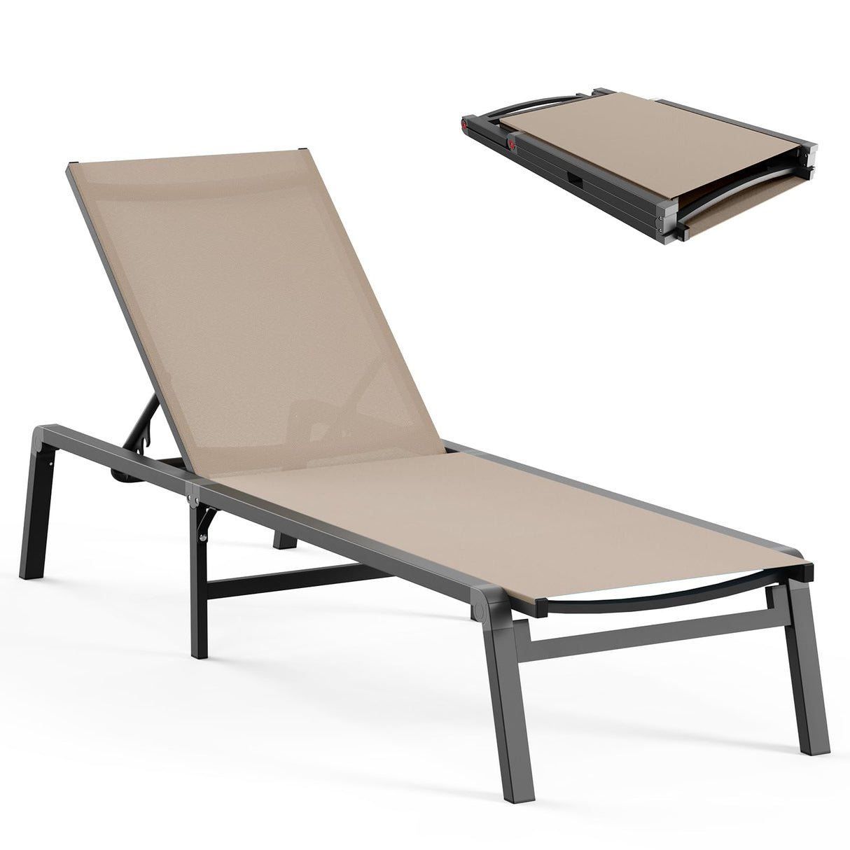 Aluminum Chaise Lounge Ourdoor - Foldable & Assemble Free Outdoor Lounge Chair with 5 Adjustable Backrest, Patio Lounge Chair for Outside Poolside Beach Pool, Khaki Ciokea