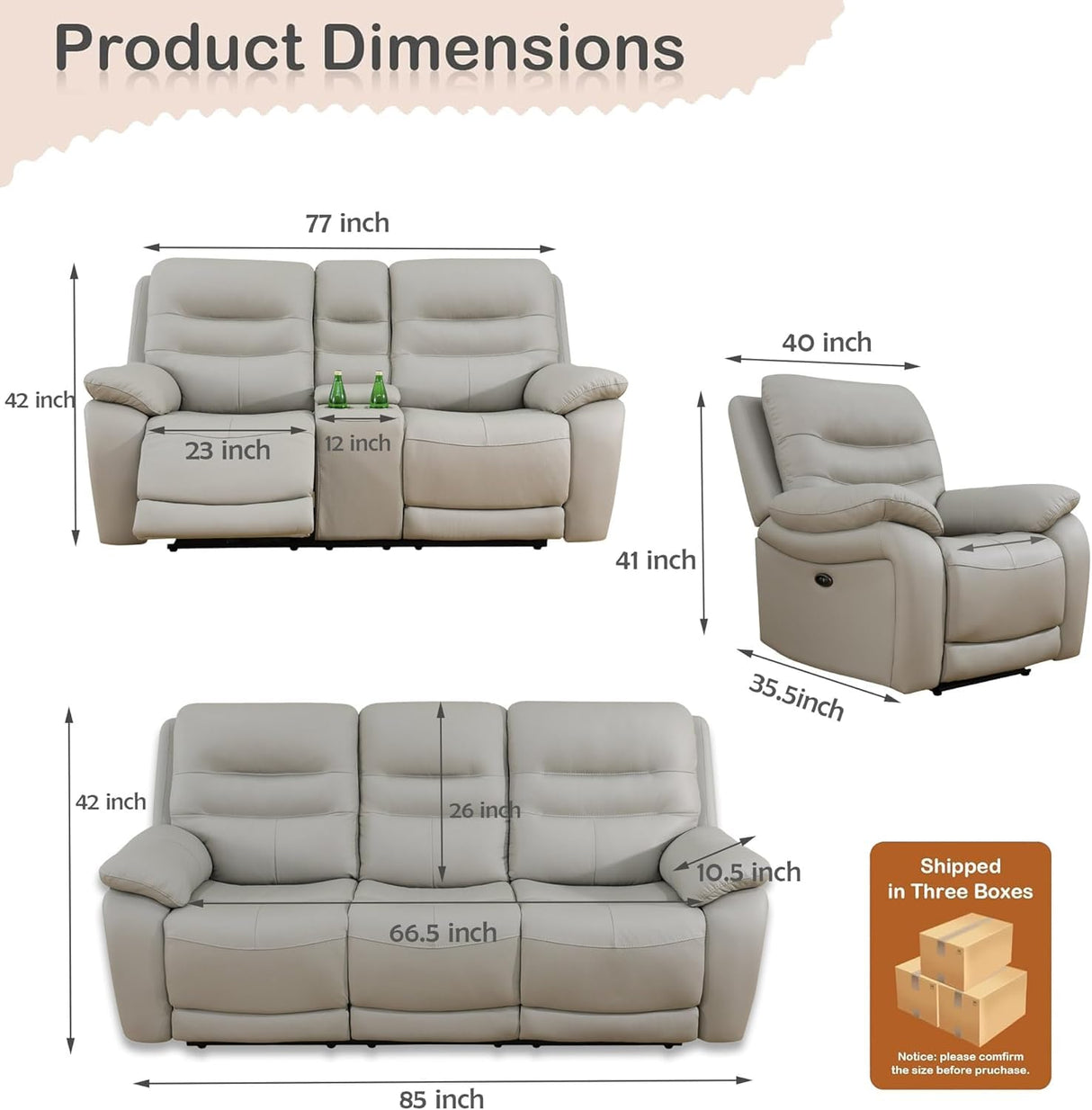 Genuine Leather Recliner Couch Set, Living Room Furiture Set,Power Reclining Sofa Set, Top Grain Leather Sofa with Built in USB Port for Living Room(Light Grey) (Sofa) Pon Living Furniture Inc