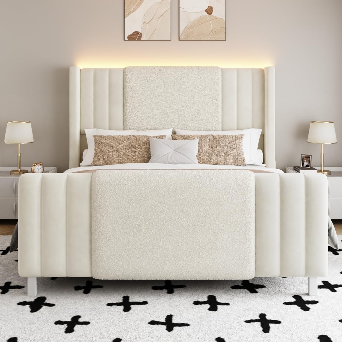Lihimte Queen Size Bed Frame with Tall Headboard and Footboard, Boucle and Velvet Upholstered Bed Frame Queen with LED Lights, Modern Platform Bed Frames, Noiseless, Easy Assembly, White Lihimte