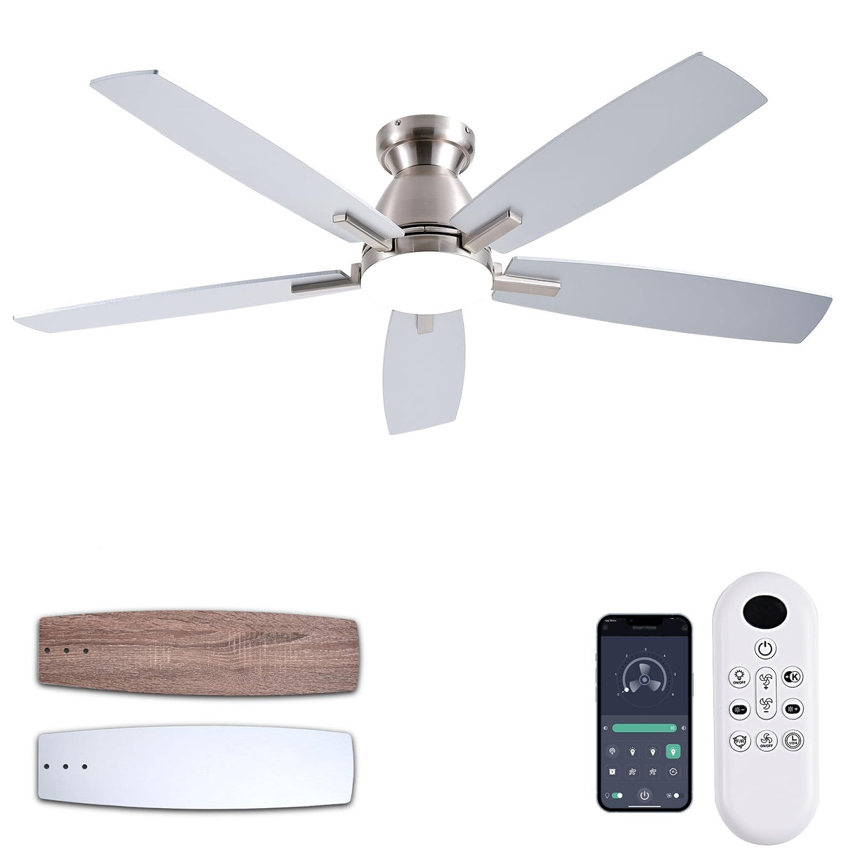 NKPU Ceiling Fans with Lights, 52 Inch Low Profile Ceiling Fan with Light and Remote Control, Flush Mount, DC Reversible Motor, Dimmable LED Ceiling Fans for Bedroom,Indoor/Outdoor Patio Use(Nickel) NKPU