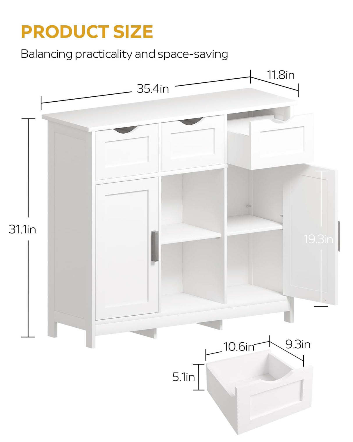 MIRROTOWEL Storage Cabinets,Wooden Floor Cabinet,with Drawers and Shelves Storage Cabinets,Accent Cabinet for Living Room, Bedroom,Bathroom Furniture Home Decor(White) MIRROTOWEL