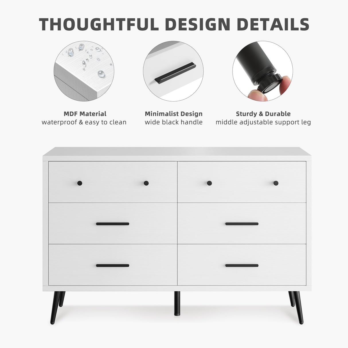 DWVO White 6 Drawers Dresser, Modern Wood Dresser Chest of Drawers with Black Metal Handle & Anti-Tipping Device, Modern Double Dresser Storage Cabinet for Hallway, Entryway, Living Room DWVO