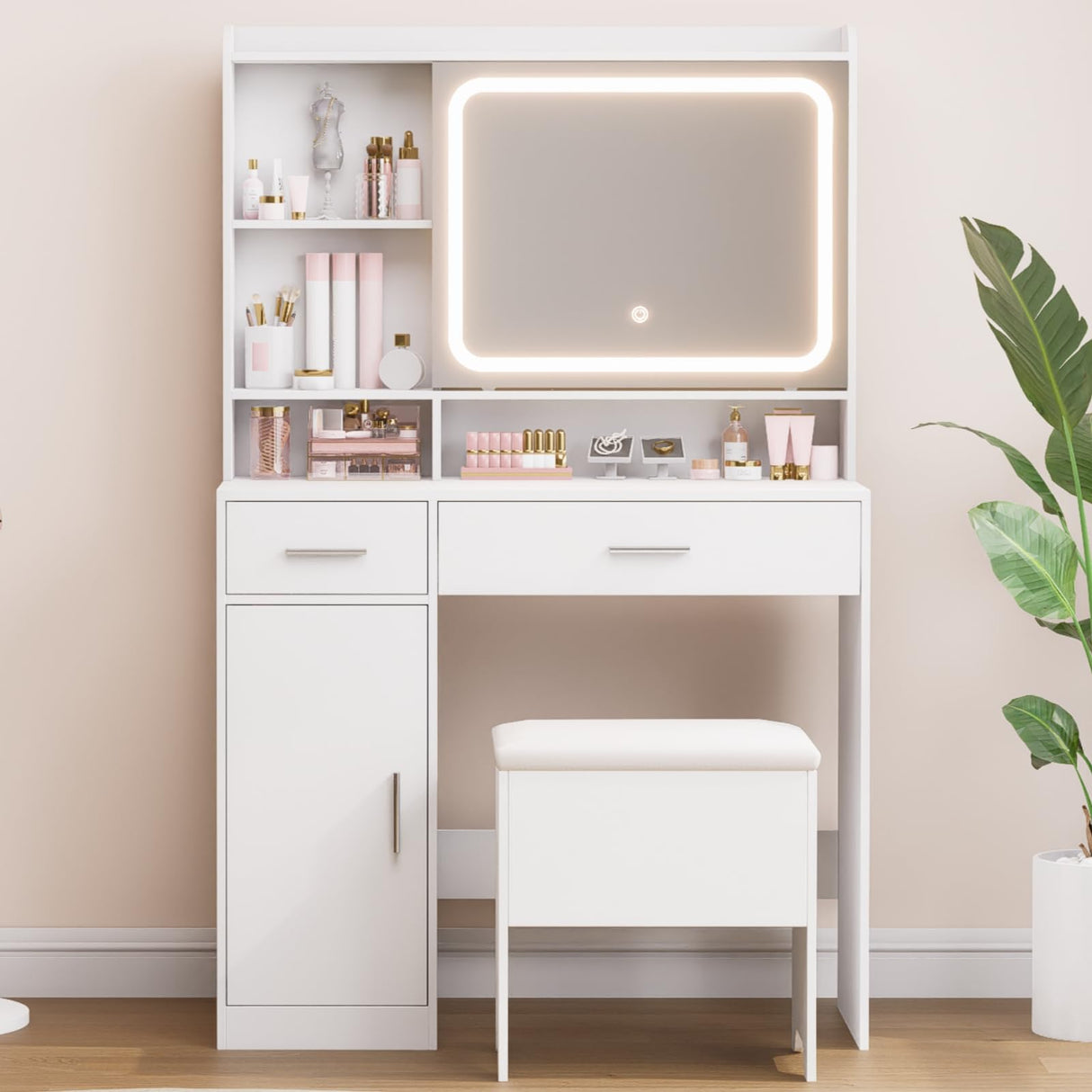 Hogxp Vanity Desk with Sliding Mirror & Power Outlets - Dimmable LED Lighting, 4 Open Shelves, 2 Drawers, 1Storage Cabinet & Padded Stool - Ideal Bedroom Makeup Dressing Table (White) Hogxp