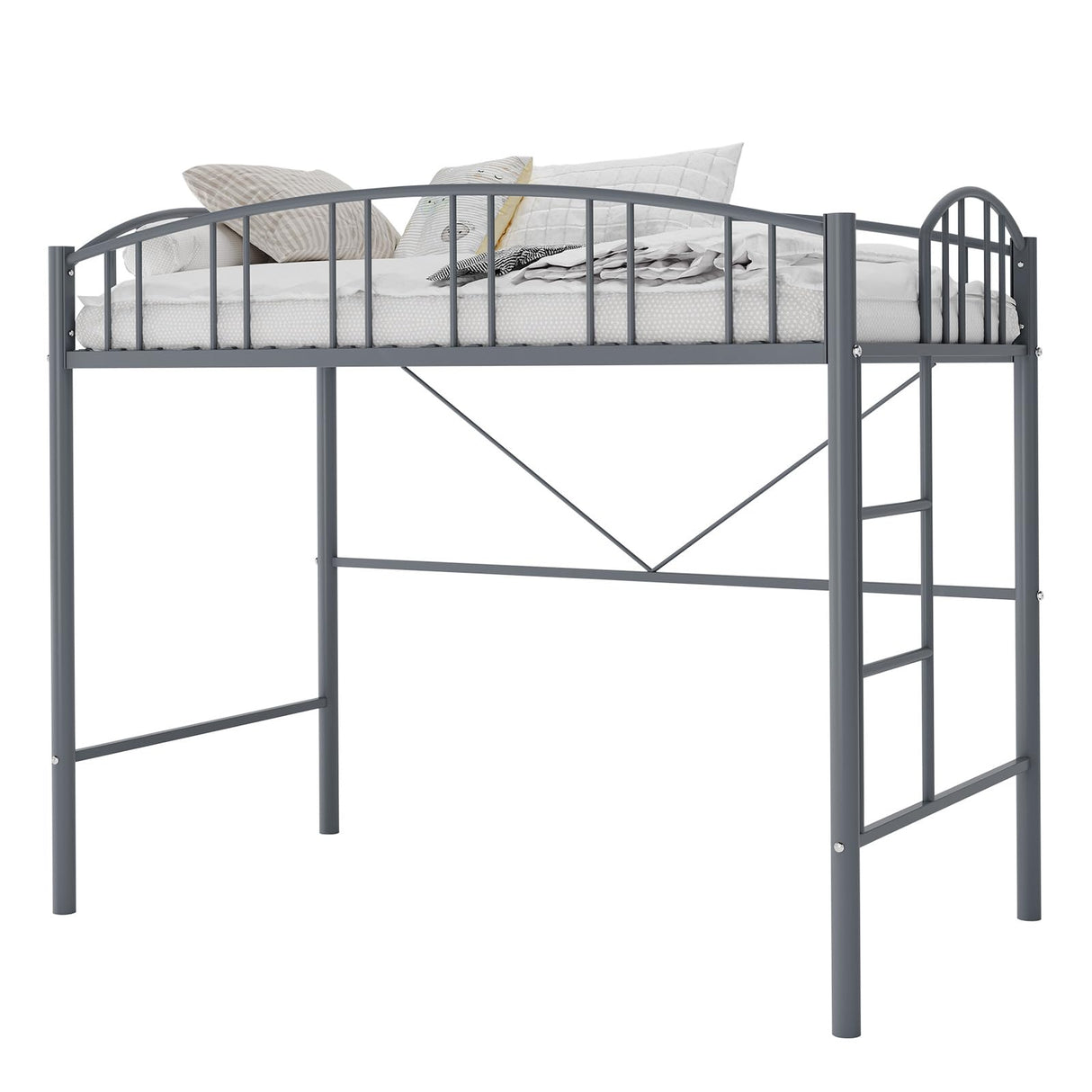 GarveeHome Loft Bed Twin Size, Heavy Duty Metal Loft Bed Frame with Arched Guardrail and Safety Ladder, Space-Saving, No Box Spring Needed, Matte Gray GarveeHome