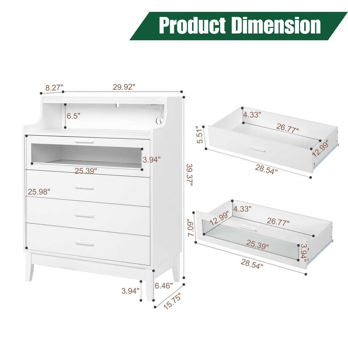 Karl home White Dresser for Bedroom, 4 Drawer Dresser with LED and Charging Station, Wooden Chest of Drawers with Shelf and Glass Drawer, Modern Bedroom Furniture, Living Room, Hallway Karl home
