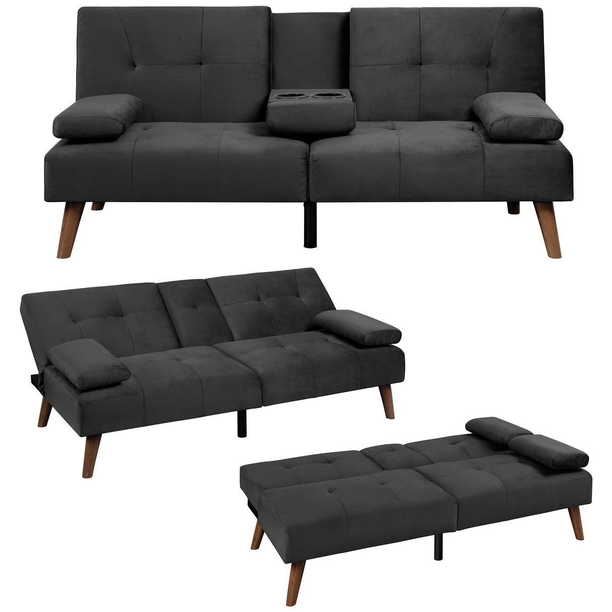 Meilocar Futon Sofa Bed Velvet, 60" Loveseat Futon Sofa Bed with Removable Armrests, Adjustable Recliner Guest Bed Daybed Sofa for Small Space with Cup Holders, 3 Angles, Black Meilocar