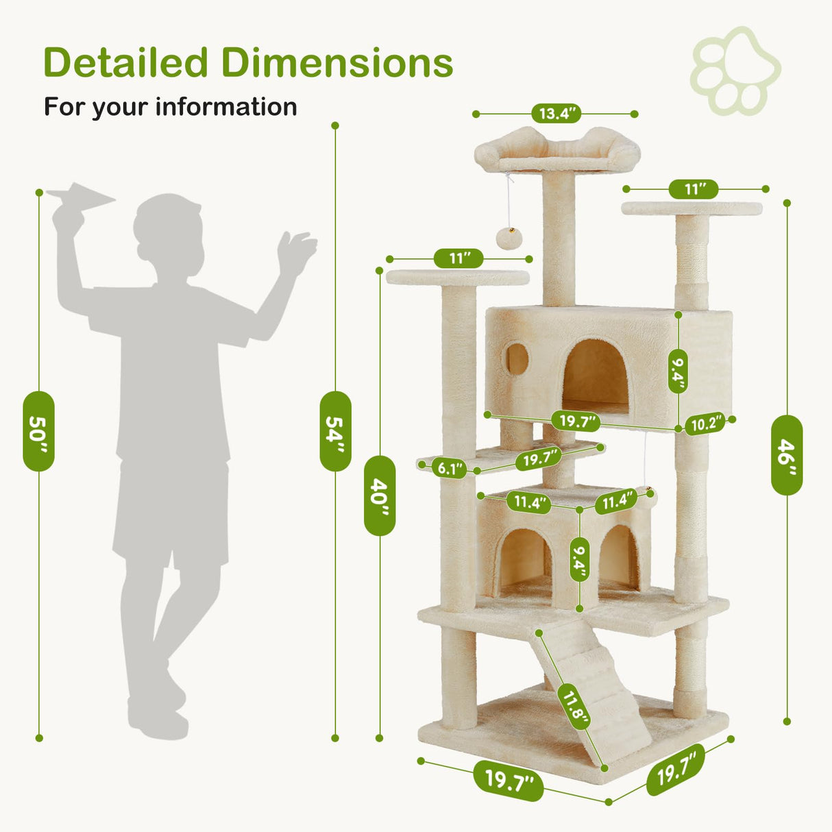 DUMOS 54-inch Indoor Cat Tree Tower –Multi-Level Pet House for Large Cats with 2 Condos, Scratching Posts, Round Platform, Small Ladder, and Toys, Beige DUMOS