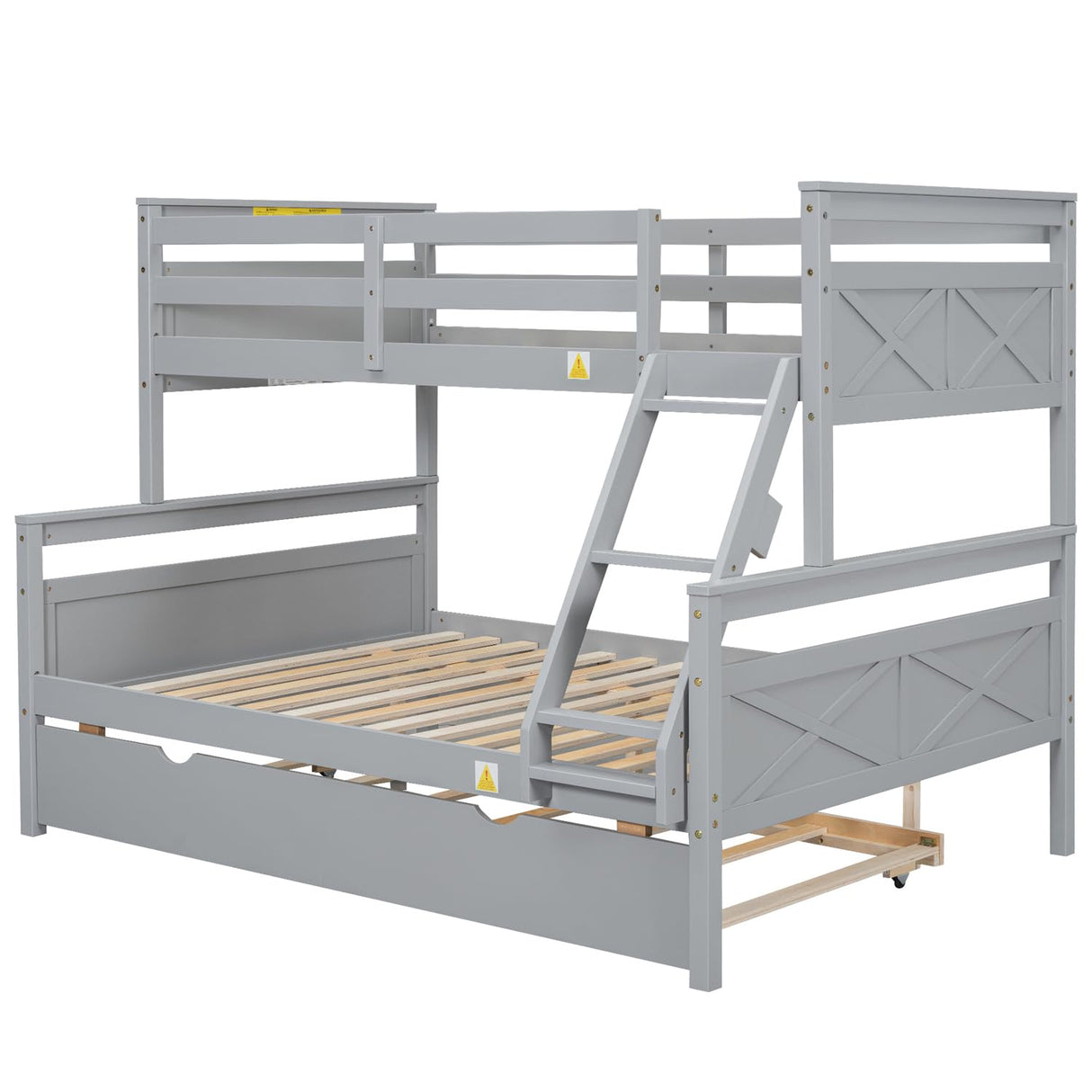 Merax Grey Twin Over Full Solid Wood Trundle Bunk Bed with Guardrail and Ladder Merax