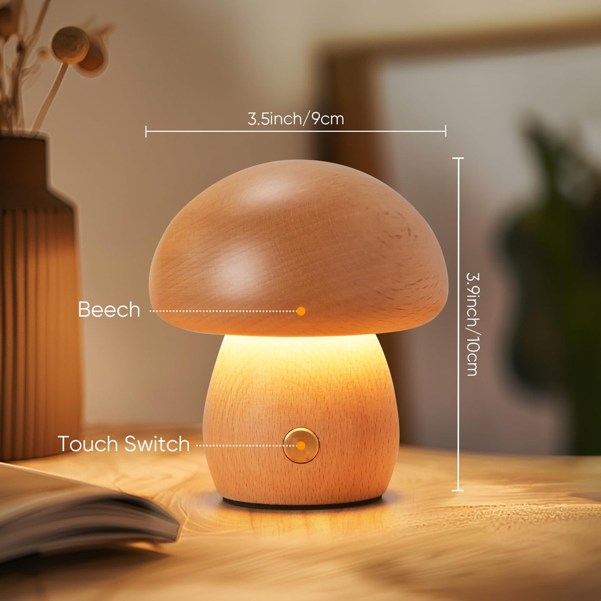LONRISWAY Wooden Mushroom Lamp, Portable Cordless Rechargeable Battery Operated Lamp,Stepless Dimming, Night Light for Birthday Gifts LONRISWAY