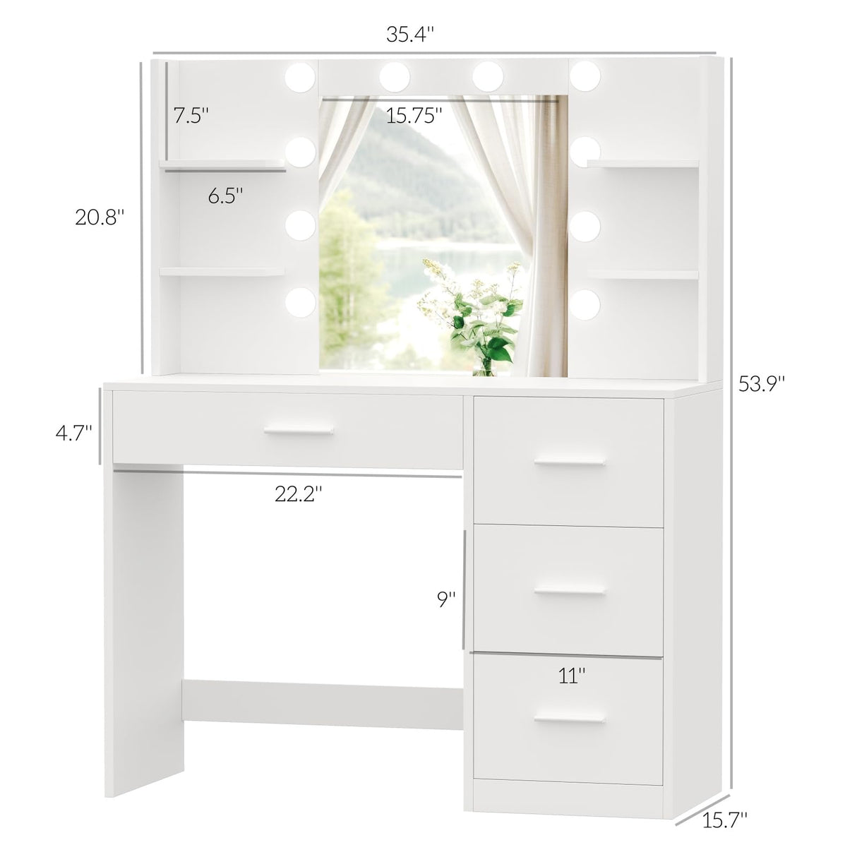Irontar Vanity Desk, Makeup Vanity with 10 LED Lights & 4 Drawers, Brightness Adjustable, Dressing Table Desk with 6 Open Storage, Vanity Table for Women, White WDT003W Irontar
