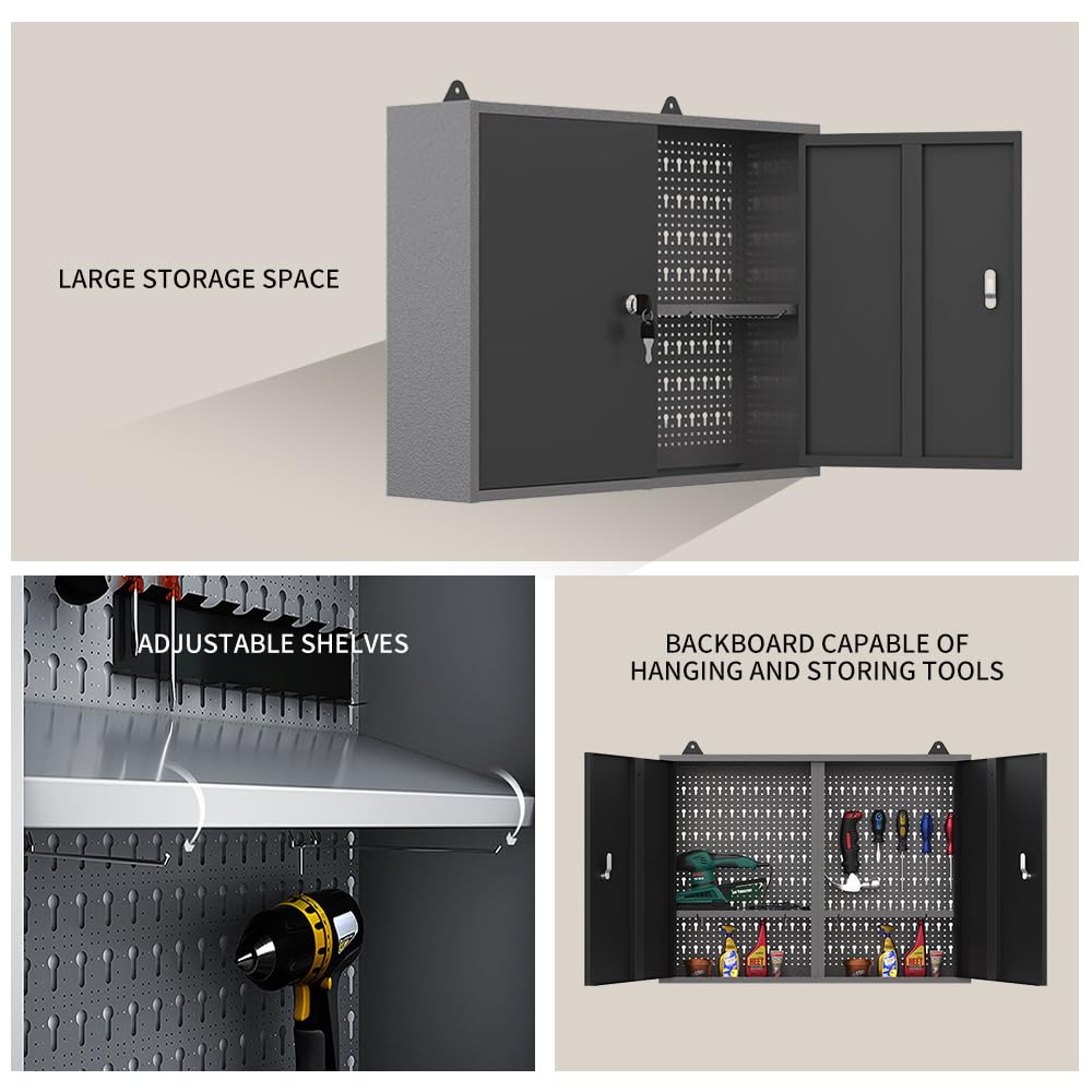 JZD Steel Garage Cabinets System Set, Includes Wood Workbench, Tool Cabinet, Black & Grey JZD