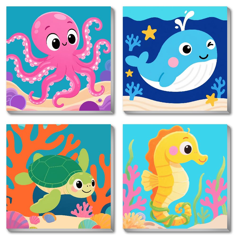 KYOQFVN Framed 4 Pack Paint by Number for Kids - Easy Octopus Whale Turtle Seahorse Paint by Numbers for Kids,DIY Acrylic Oil Painting Kits for Home Wall Decor (8X8inch) KYOQFVN