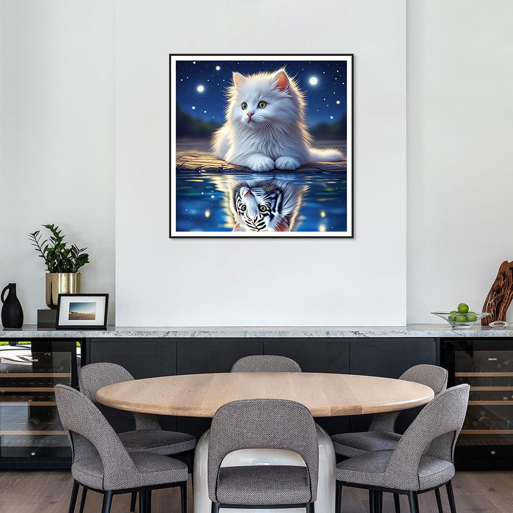 SJUTOUCI White Cat and Tiger Diamond Painting Kits for Adults, Diamond Art for Beginners, 5D Round Diamond Dots Gem Craft Art Home Wall Decor 12x12 inch, Animals SJUTOUCI