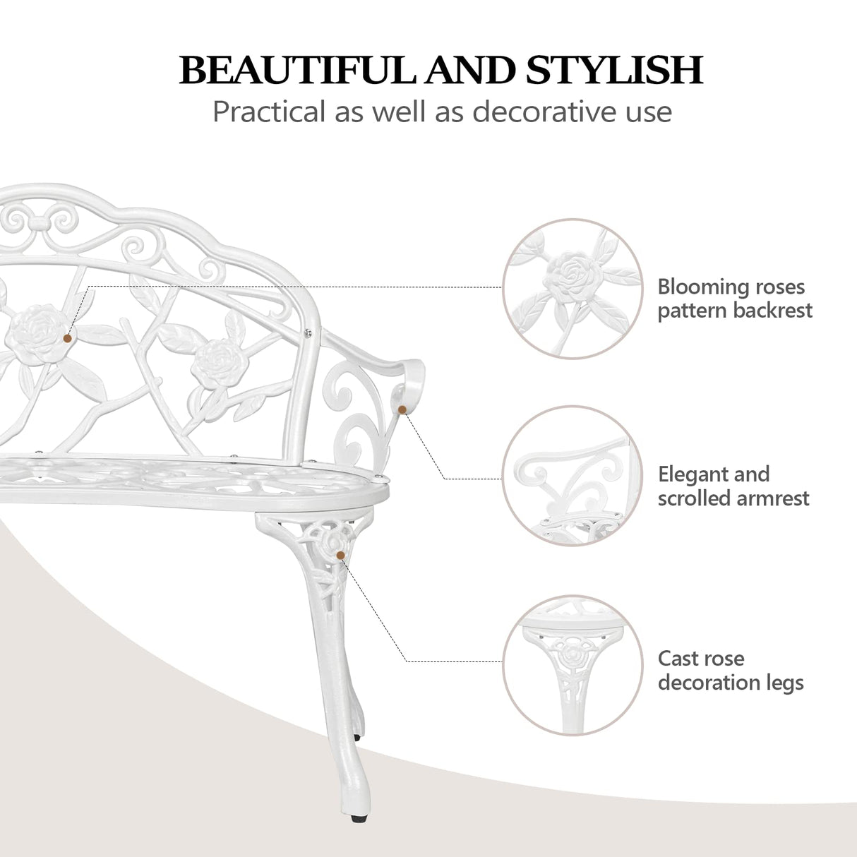 VINGLI 38.5" Patio Park Garden Outdoor Metal Rose Bench,Cast Iron Cast Aluminium Frame Antique Finish Chair,Accented Lawn Front Porch Path Yard Decor Deck Furniture for 2 Person Seat(White VINGLI