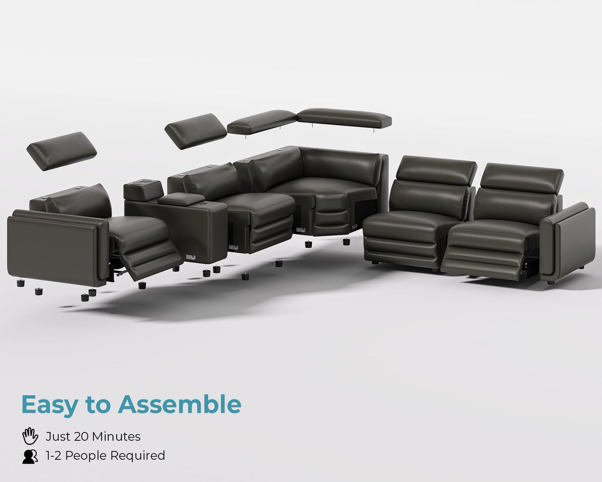 Jocisland Dual Power Recliner, Oversized 5-Seater Sofa with Console, 3 Bluetooth Speakers & Hidden Storage, Modern L Shaped Reclining Couch with 6 Charging Ports - Dark Gray Leathaire Jocisland