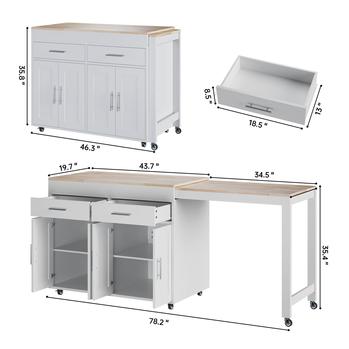 OtterOasis 78" Rolling Kitchen Island with Extendable Table, Mobile Kitchen Islands with Storage for 2-4, 3 in 1 Island Cart on Wheels for Small Space with 2 Drawers & 4 Door Cabinet, White OtterOasis
