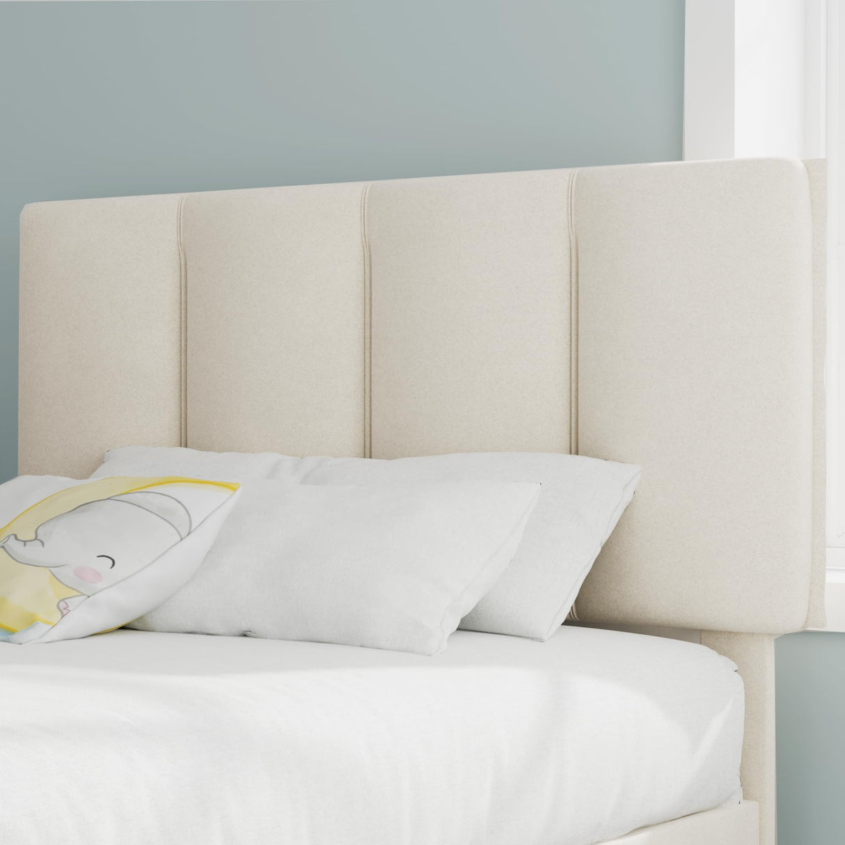 VECELO Twin Bed Frame with Upholstered Headboard, Heavy-Duty Platform Bedframe with Strong Wooden Slats Support, No Boxing Spring Needed, Pale Beige VECELO