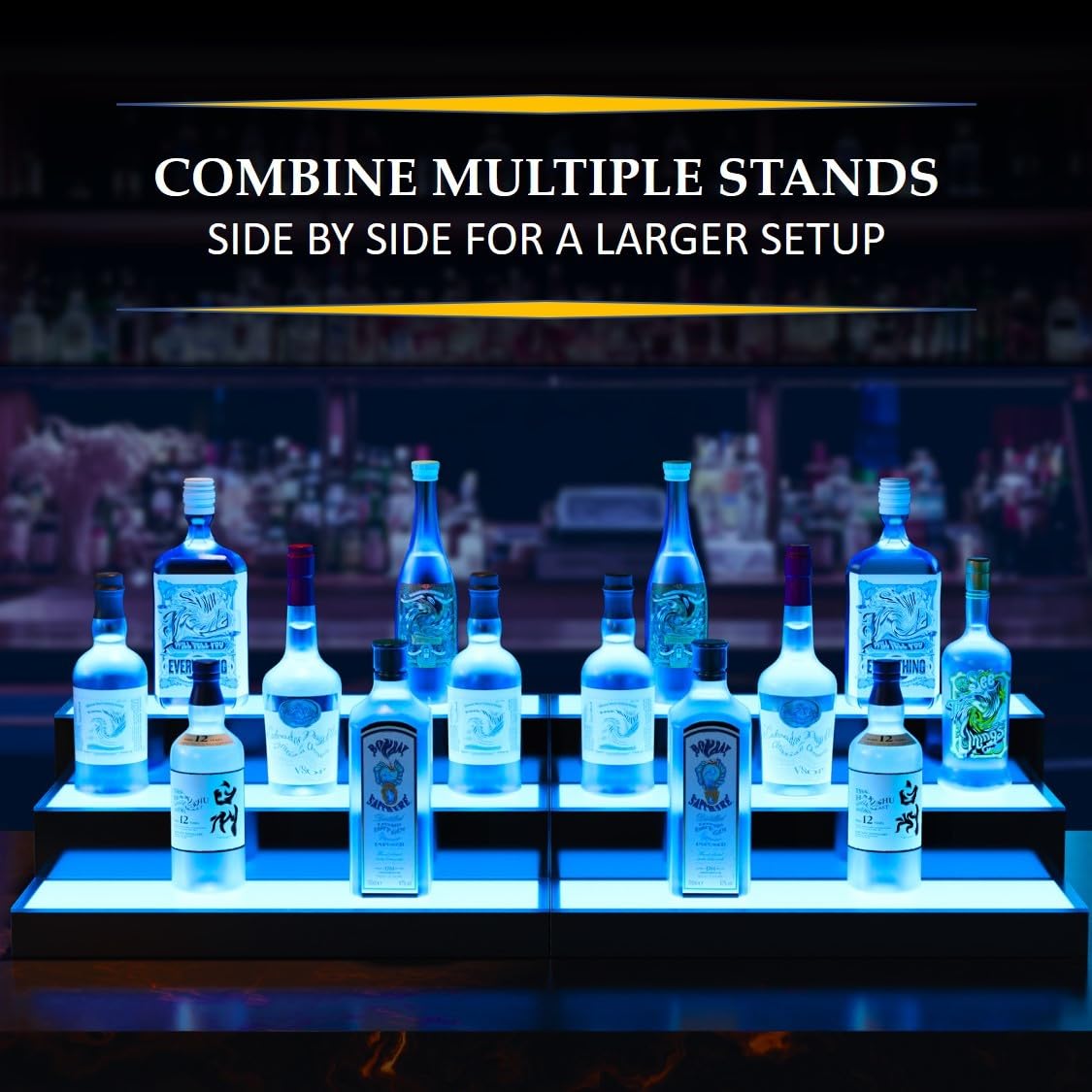 Boss Premium® BarUSA™ LED Lighted Bar Shelf Display Liquor Bottle Alcohol Whiskey Shelves Rack Stand Tray Units for Home Bar Living Room Accessories and Decor - Designed in USA (3-Step, 16 Inch) Boss Premium