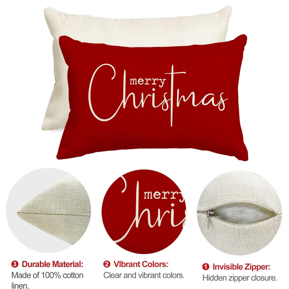 RABUSOFA Christmas Pillow Covers 12x20 Inch,Red Merry Christmas Saying Decorations Winter Decorative Throw Pillow Cases,Farmhouse Holiday Xmas Lumbar Cushion Covers for Couch Living Room(16) RABUSOFA