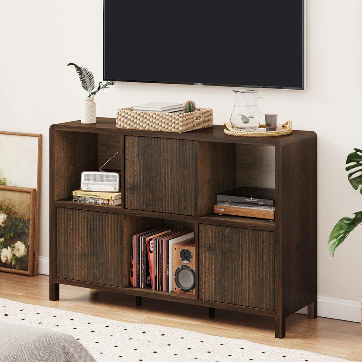 FATORRI 6 Cube Storage Organizer Book Shelf, Horizontal Bookshelf with 3 Doors, 3 Tier Wooden Bookcase for Living Room, Home Office (Dark Walnut) FATORRI