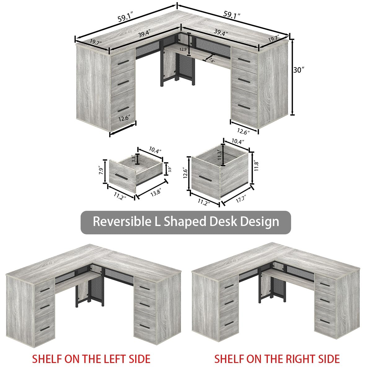 HSH Large L Shaped Desk with Storage File Cabinet,Corner L-Shaped Computer Desk with Drawers Shelves, Home Office Bedroom Metal Wood Study Writing Table Executive Workstation, Light Grey Oak, 59 Inch HSH