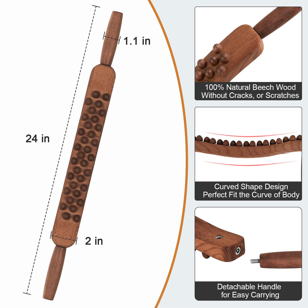 KintKita Body Gua Sha Wood Stick Massage Tool,24 Inch Wood Therapy Massage Tools Scraping Lymphatic Drainage Massager,34 Beads Trigger Point Wood Therapy Gua Sha Tool for Body Sculpting,Back, Legs KintKita