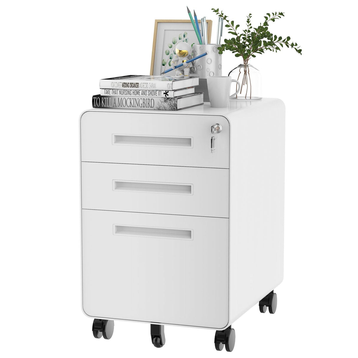 FLEXISPOT Mobile File Cabinet for Home Office 3 Drawer File Cabinet Under Desk Storage Filing Cabinet for Legal/Letter/A4 File,Round Corner Design,White FLEXISPOT