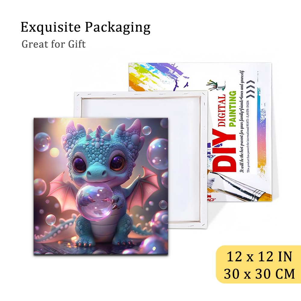 Natuyalo Framed Paint by Numbers Kit for Adults Beginner, Dragon Baby Acrylic Adult Paint by Number Kits on Canvas with Frame, Blow Bubbles Canvas Painting Perfect for Home Decor 12"x12" Natuyalo