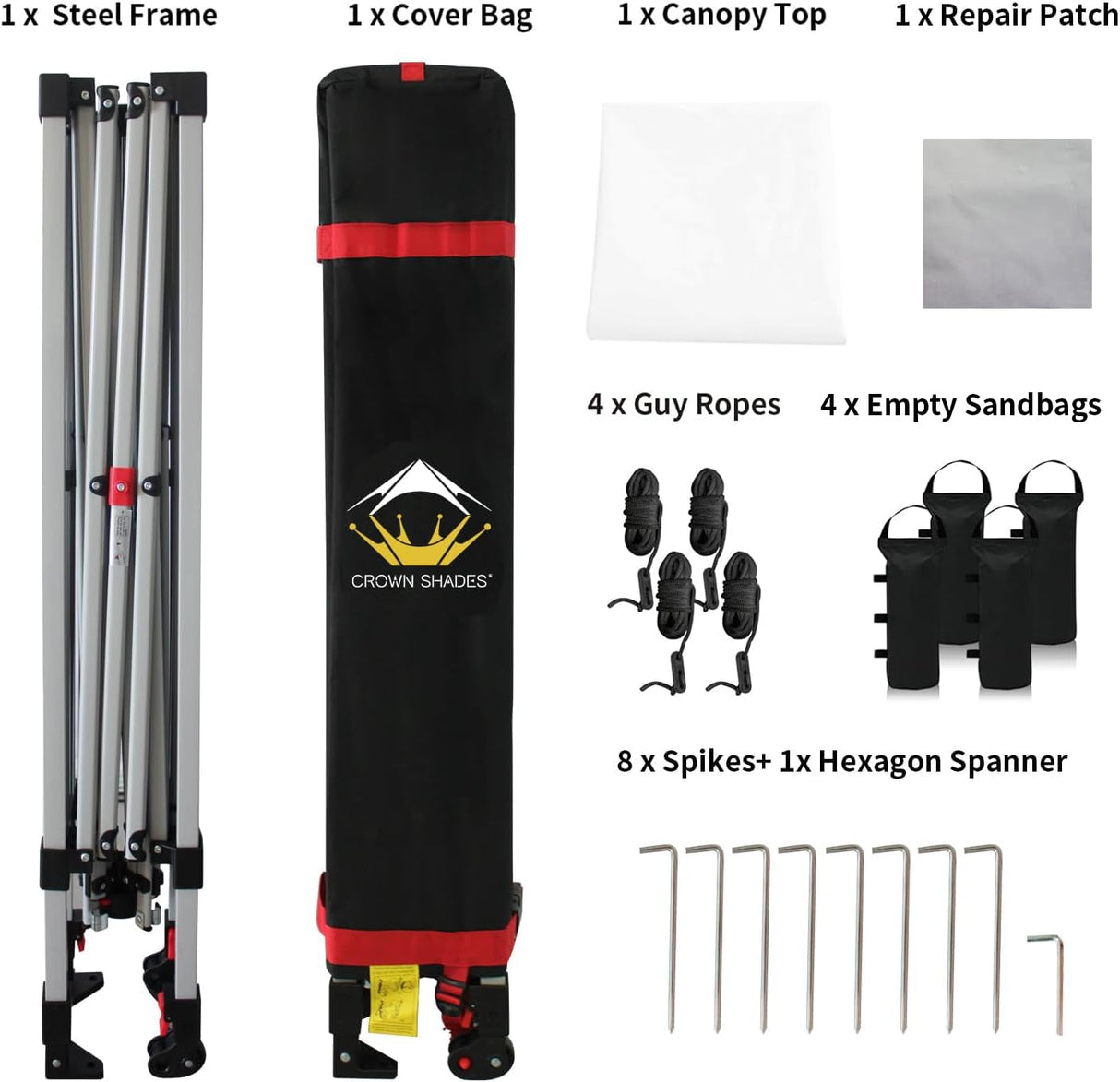 CROWN SHADES 10x10 Pop Up Canopy - Beach Tent with One Push Setup - Easy Outdoor Sun Shade for Events, Parties, Camping - Gazebo with STO-N-Go Cover Bag, Silver Coated Top, White CROWN SHADES